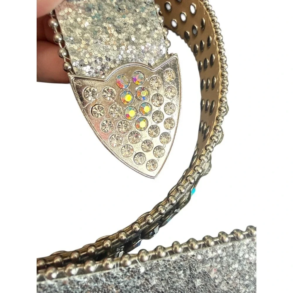 Silver Glitter Rhinestone Western Belt AB Crystal Bling Studded Y2K Glam 43